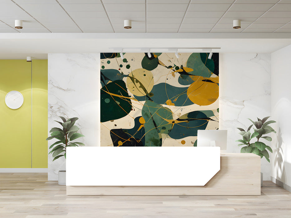Modern reception featuring an abstract organic mural on the feature wall