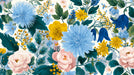 A colorful floral pattern with sky blue chrysanthemums, ochre yellow blooms, and blush roses on a cream background.