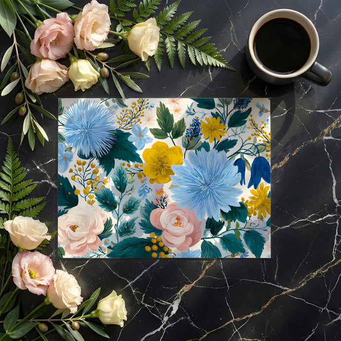 A cozy home office space featuring the botanical mural as a colorful accent wall behind a white desk.