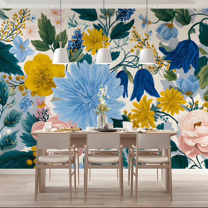 The vibrant floral wallpaper installed in a bright, modern living room with neutral cream furniture.