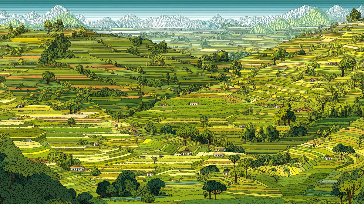 Hand-drawn style landscape mural showing lush green terraced hills and distant mountains.