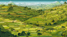 Hand-drawn style landscape mural showing lush green terraced hills and distant mountains.