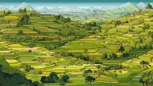 Hand-drawn style landscape mural showing lush green terraced hills and distant mountains.