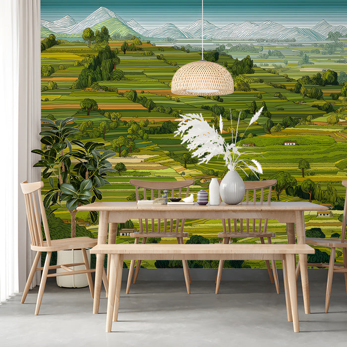A dining room interior featuring an expansive mountain terrace mural as a focal point.