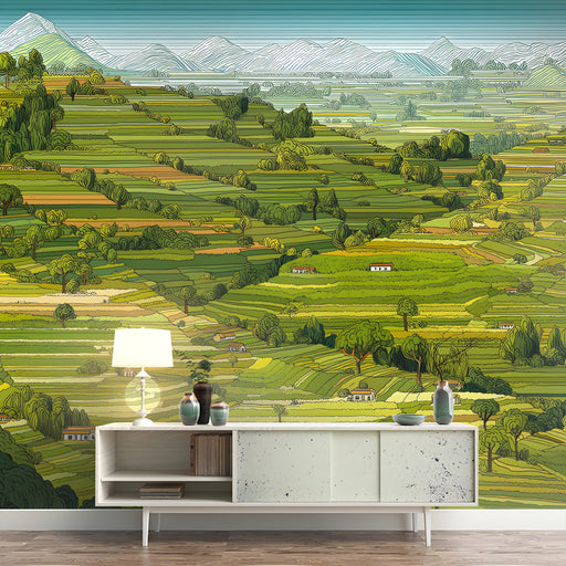 A cozy bedroom featuring a green terraced landscape wall mural behind a wooden table.