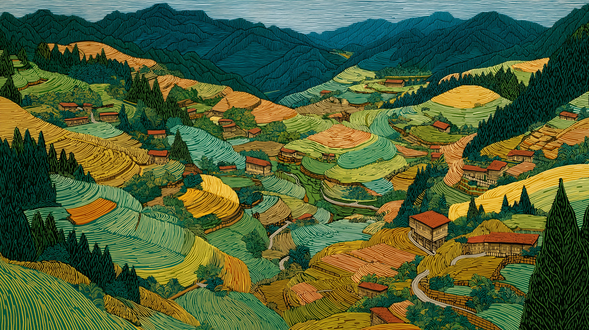 Intricate mountain landscape wallpaper with terraced fields in forest green, ochre, and copper line art style
