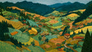 Intricate mountain landscape wallpaper with terraced fields in forest green, ochre, and copper line art style