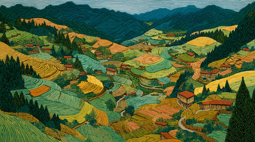 Intricate mountain landscape wallpaper with terraced fields in forest green, ochre, and copper line art style