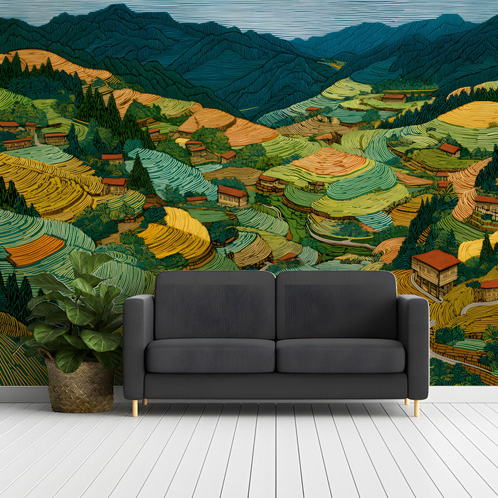 Detailed scenic mural showing tiered hillsides in a cozy entryway with wooden accents