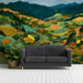 Detailed scenic mural showing tiered hillsides in a cozy entryway with wooden accents