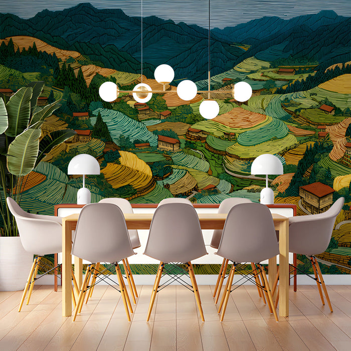 Terraced landscape wall mural installed behind a walnut wood bed frame in a meeting room