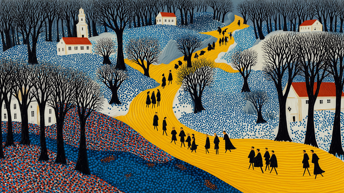 Folk art winter landscape mural featuring an ochre winding path, blue pointillist snow, and bare trees.