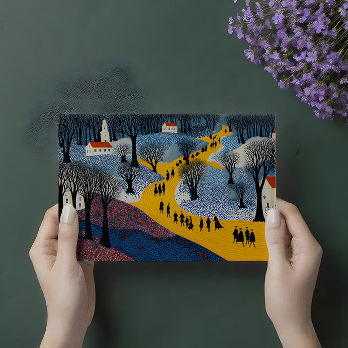 Pointillist style village mural behind a modern living room sofa and accent cushions.