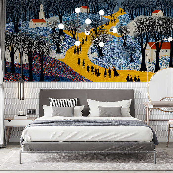 Abstract folk art winter wall mural in a bedroom.