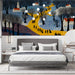 Abstract folk art winter wall mural in a bedroom.
