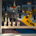 Whimsical winter landscape wallpaper installed in a cozy shop with wooden furniture.