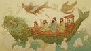 Traditional mural featuring a fish-shaped boat carrying figures, in sage green and ochre yellow, in an ink wash style.