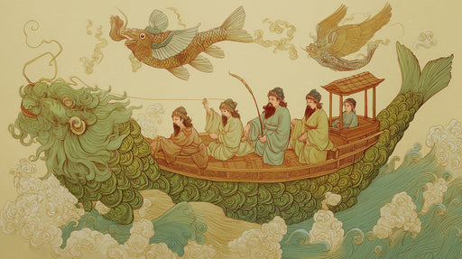 Traditional mural featuring a fish-shaped boat carrying figures, in sage green and ochre yellow, in an ink wash style.