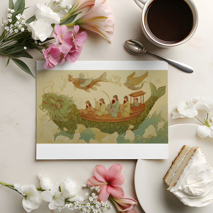 A cozy home library or study space with the mythical fish boat wallpaper behind open shelving.