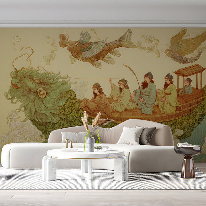 A serene living room setting featuring the illustrative narrative mural behind a minimal headboard.
