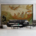 A formal living room featuring the fish boat mural on a feature wall behind a dark wooden table.