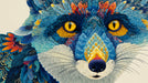 A macro view of a fox face composed of intricate blue, orange, and yellow feathers on a cream background.