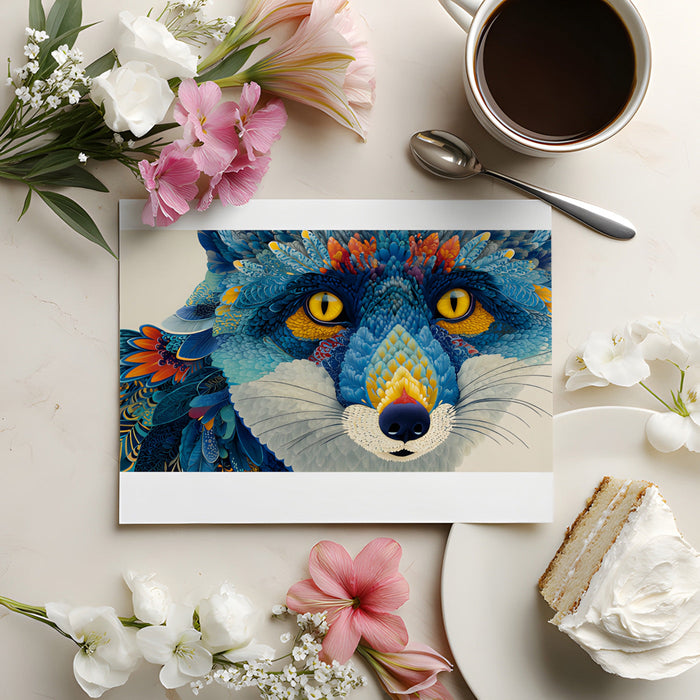 A creative home office space with the fox mural as a statement wall behind a dark wood desk.