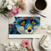 A creative home office space with the fox mural as a statement wall behind a dark wood desk.