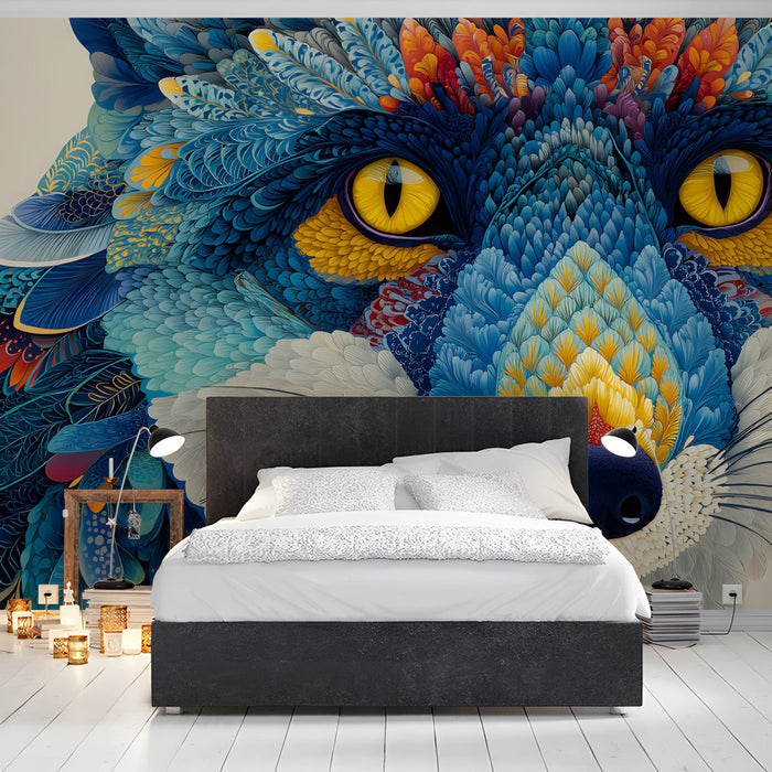 A stylish bedroom interior with the artistic fox mural centered above a king-sized bed.