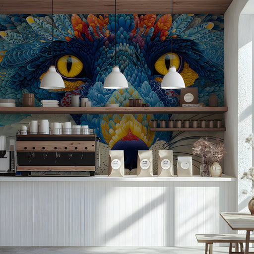 A modern shop featuring the vibrant fox mural behind a neutral gray velvet sofa.