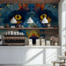 A modern shop featuring the vibrant fox mural behind a neutral gray velvet sofa.
