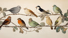 Vintage-style botanical mural featuring multiple colorful songbirds perched on illustrated branches on off-white