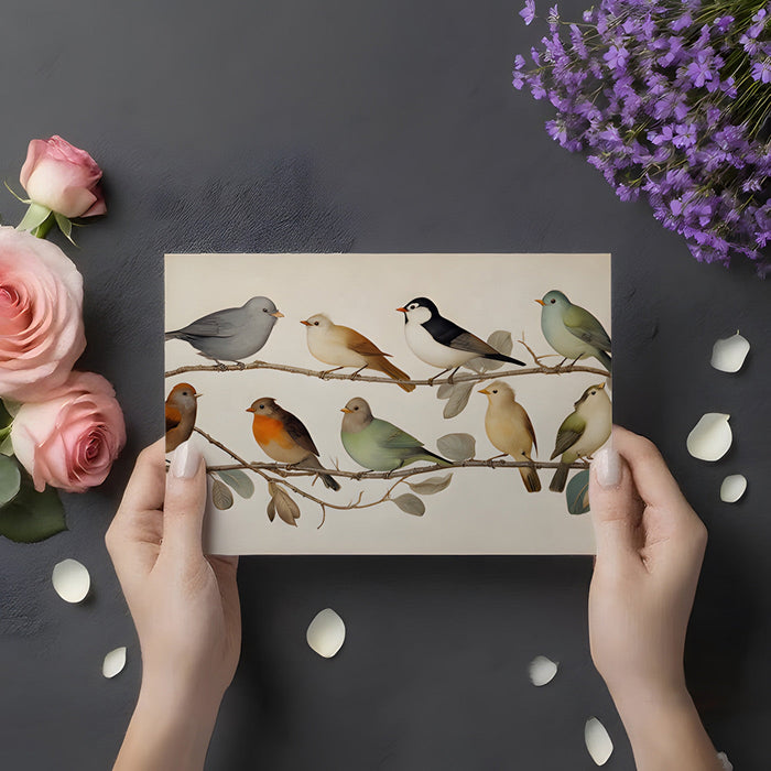 Nature-themed bedroom wall mural with colorful songbirds and soft botanical branches