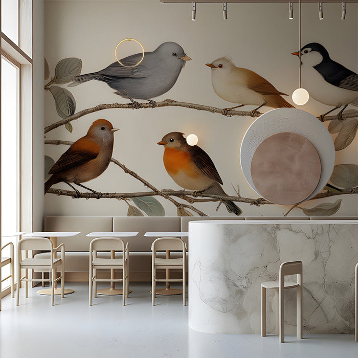 Charming cafe interior featuring a vintage bird and tree branch wallpaper design