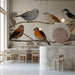 Charming cafe interior featuring a vintage bird and tree branch wallpaper design