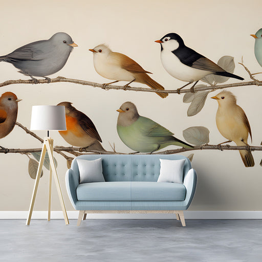 Bird pattern wallpaper in a sunlit home office with wooden desk and vintage chair