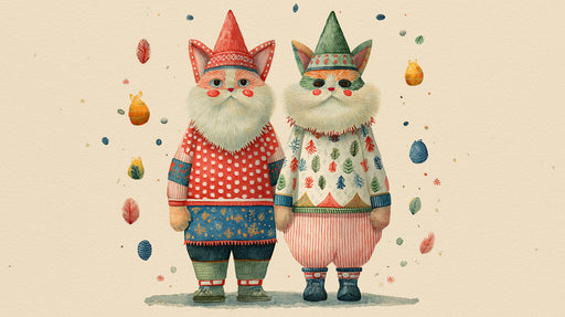 A whimsical illustration of two cats wearing folklore-style tunics and pointed hats on a cream background with floating motifs.