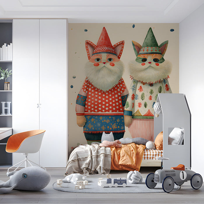A cozy nursery room featuring a playful cat mural wallpaper on the feature wall behind a wooden crib.