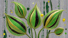 Abstract botanical mural wallpaper with emerald green and ochre leaves on a gray background.
