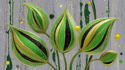 Abstract botanical mural wallpaper with emerald green and ochre leaves on a gray background.