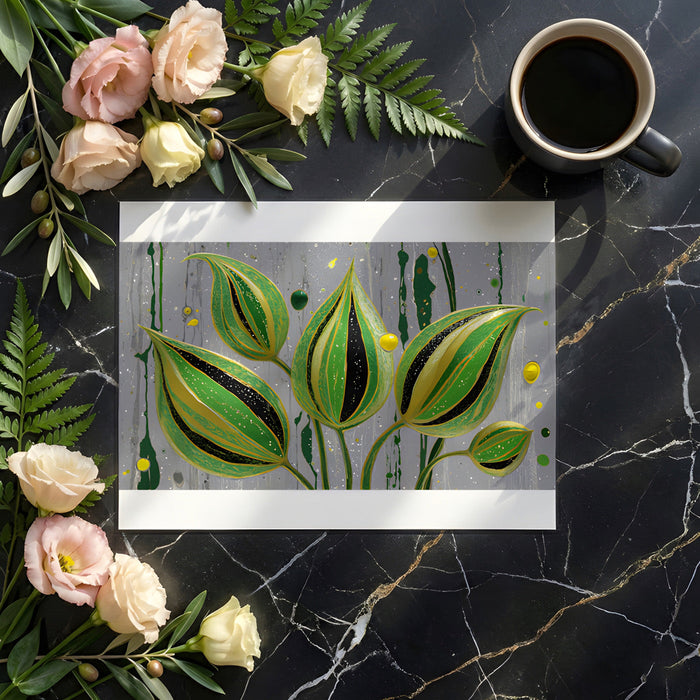 A stylish home office space with an artistic botanical wallpaper backdrop.
