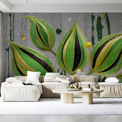 Modern living room featuring an abstract leaf mural as a dramatic accent wall.