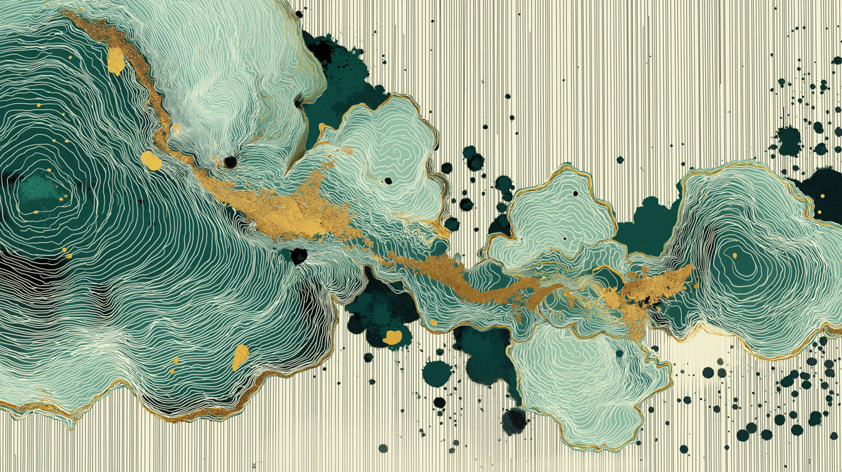 Abstract topographical mural with fine line swirls in emerald and seafoam with gold leaf details on a pinstripe background