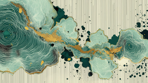 Abstract topographical mural with fine line swirls in emerald and seafoam with gold leaf details on a pinstripe background