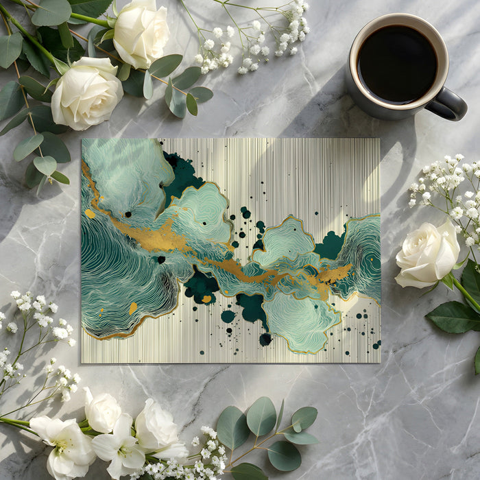 Sophisticated home office with artistic emerald and gold ink wash wallpaper