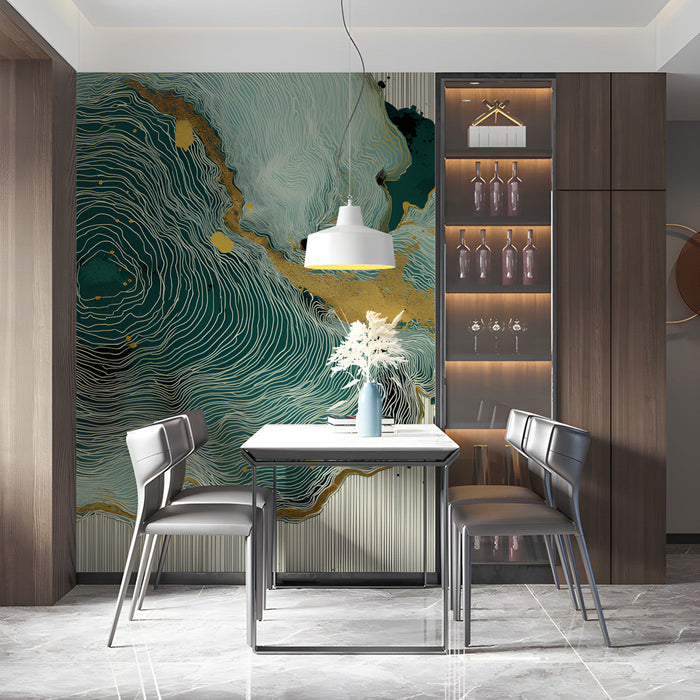 Contemporary dining room featuring an elegant, flowing topographical mural design
