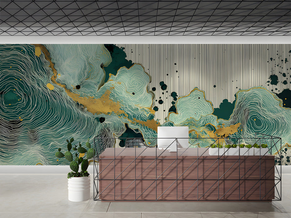 Modern reception with abstract gold and green topographical wall mural