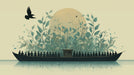 Botanical mural wallpaper featuring a dark boat with dense green leaves and a moon on a pale sand background.