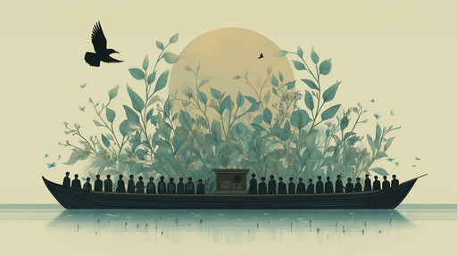 Botanical mural wallpaper featuring a dark boat with dense green leaves and a moon on a pale sand background.