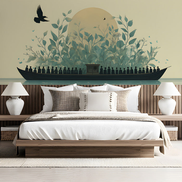 A peaceful bedroom decorated with the artistic boat and botanical mural.
